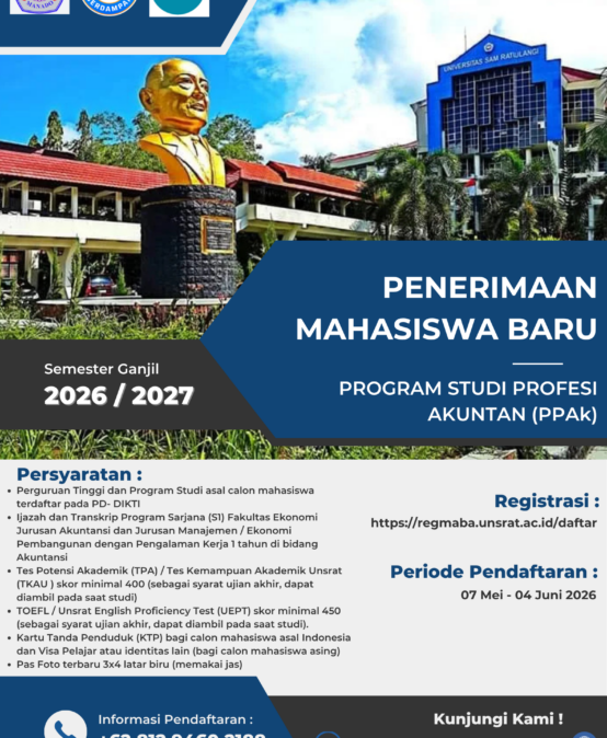 Pengumuman Pembukaan Pendaftaran Mahasiswa Baru Program Doktor (S3), Magister (S2), dan Profesi Universitas Sam Ratulangi Semester Ganjil Tahun Akademik 2026/2027