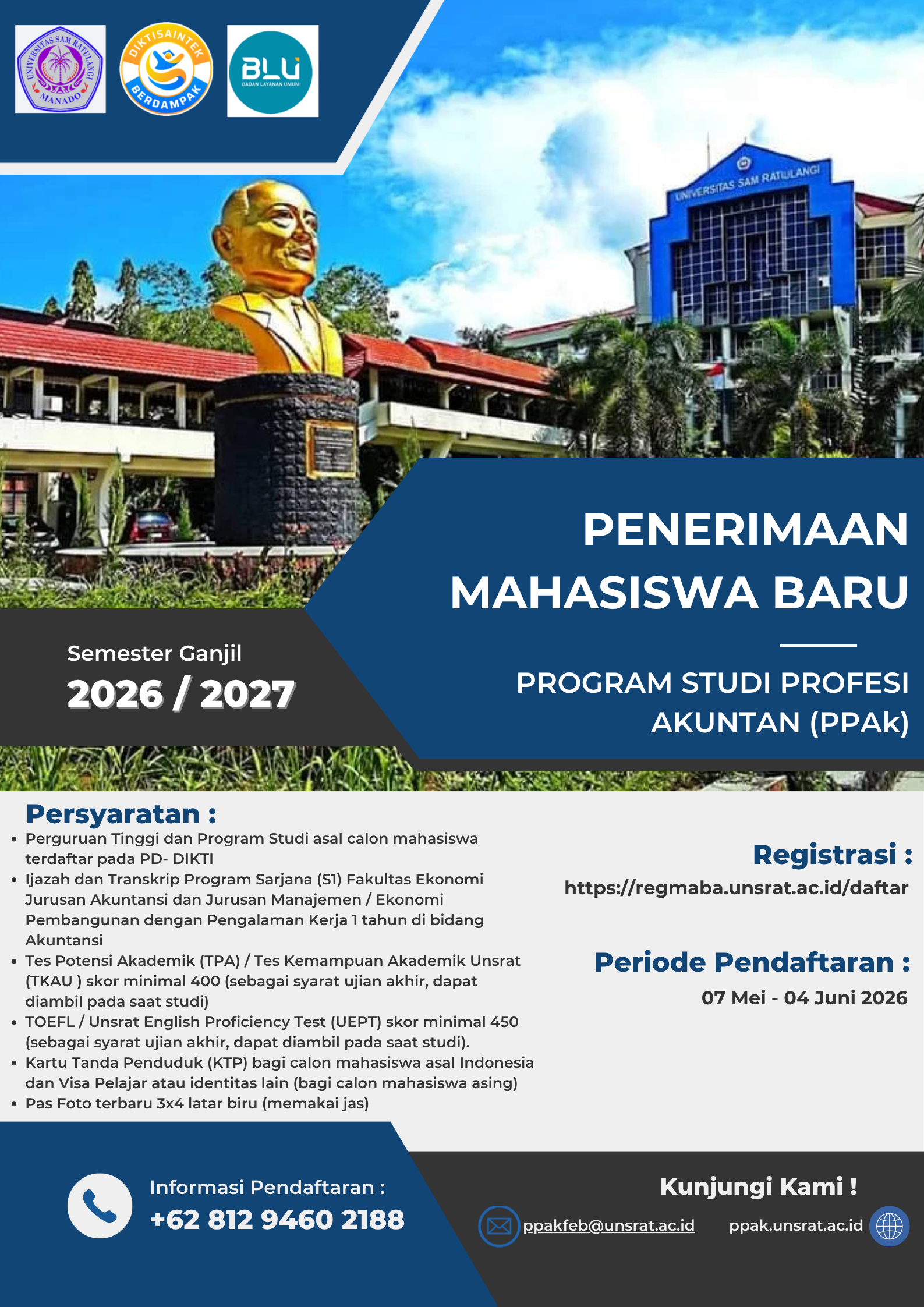 Pengumuman Pembukaan Pendaftaran Mahasiswa Baru Program Doktor (S3), Magister (S2), dan Profesi Universitas Sam Ratulangi Semester Ganjil Tahun Akademik 2026/2027